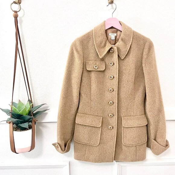 Halogen Wool Alpace Mohair Blend Neutral Tan Button Front Collared Jacket Size X - Picture 1 of 5